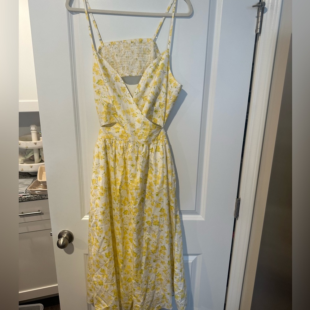 Yellow Floral Midi Dress with Smocked Back Detail